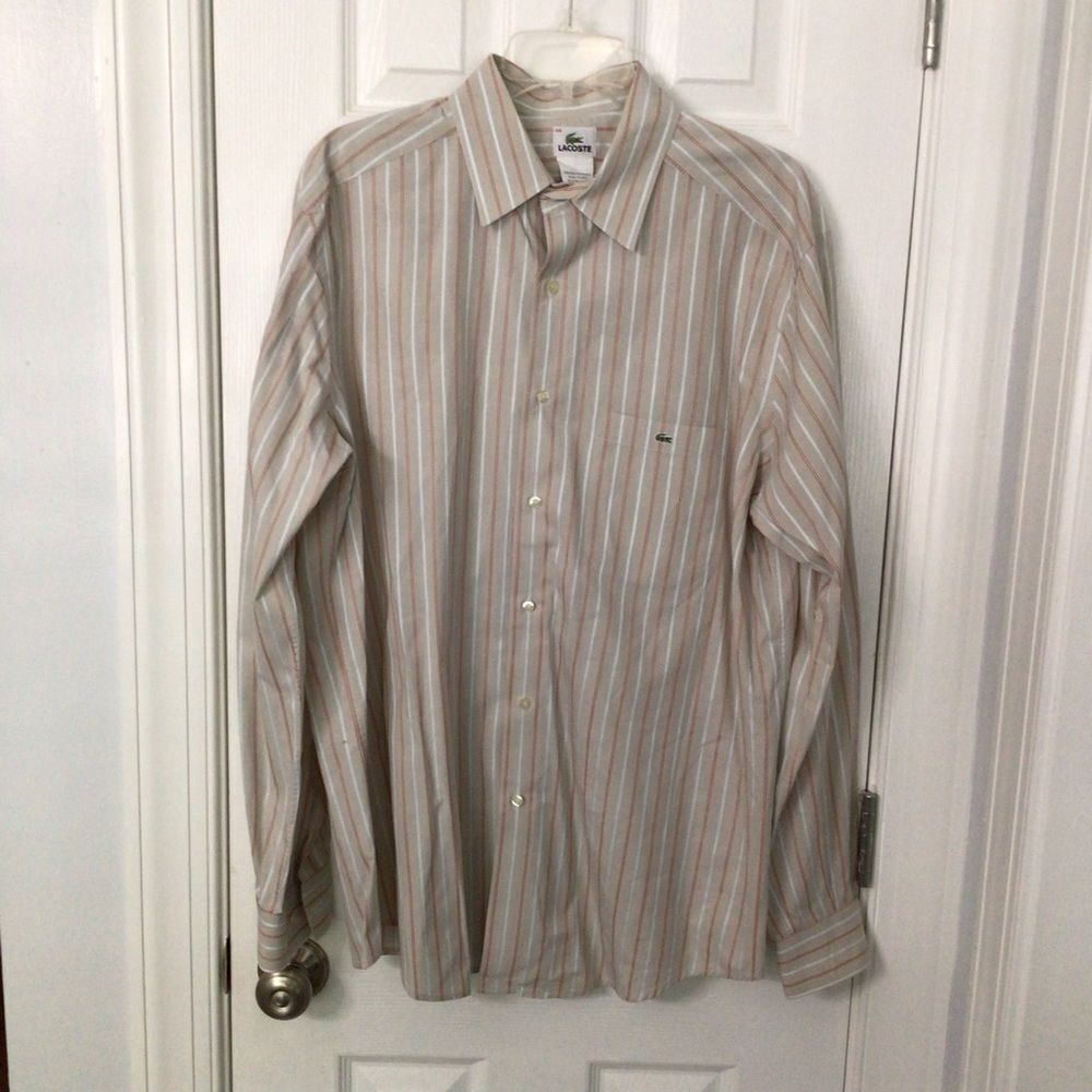 Lacoste Men’s Long Sleeve Shirt Size 44 Cream Red and White Casual Button Down